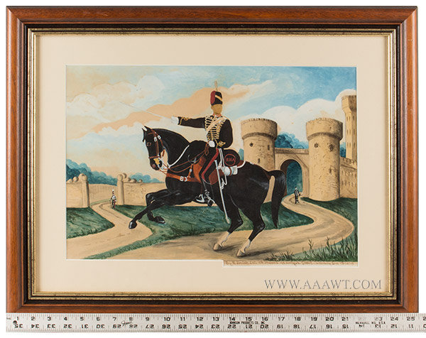 Folk Art, British Soldier on Horseback, Watercolor and Photograph Composition
R. Sinclair. Late 10th Hussars, 123 Northgate Street, Canterbury, Dec. 7th, 1878
By Richard Sinclair, (Specialist in military subjects) Late 19th Century, scale view